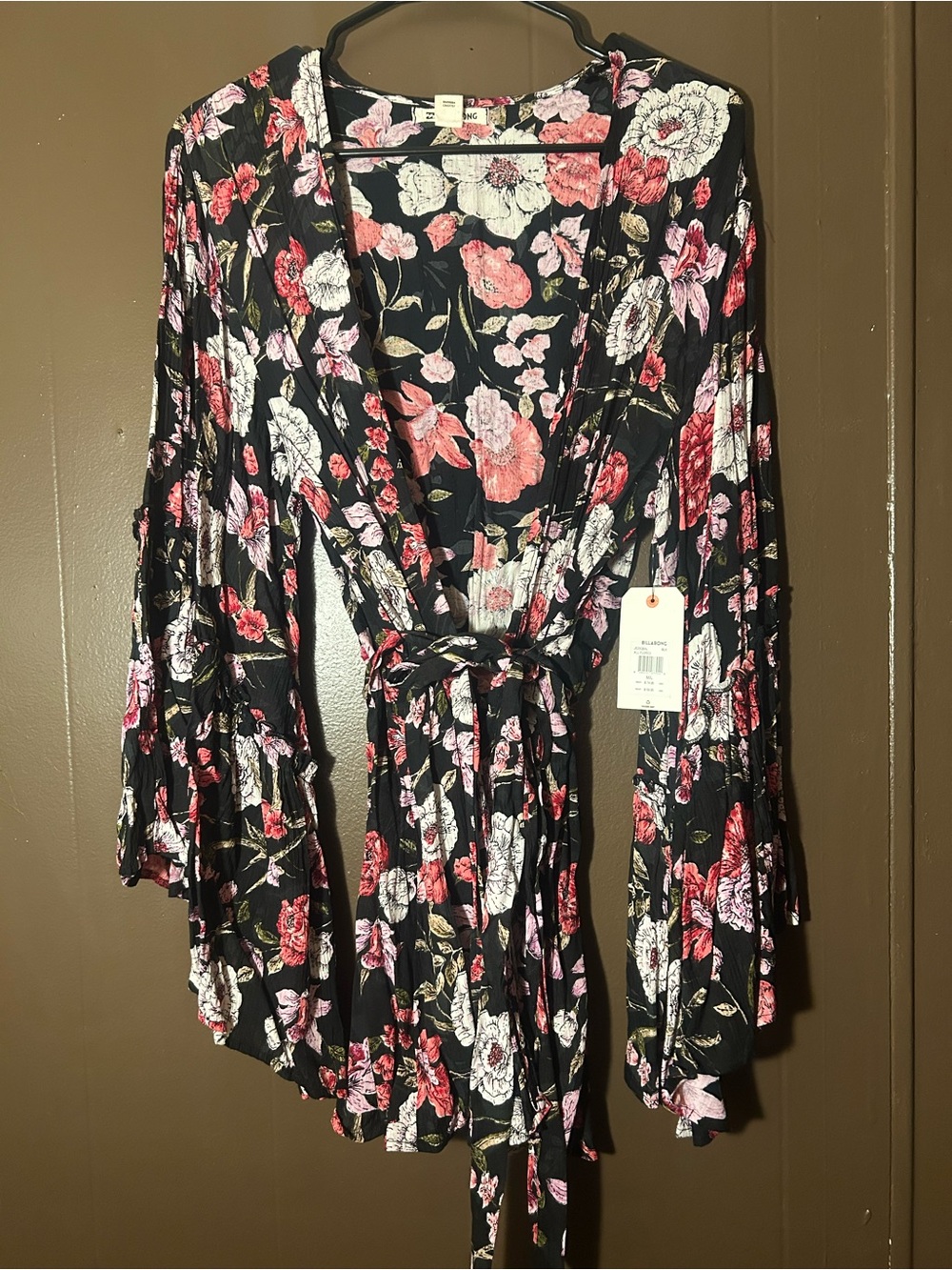 Billabong All Flored Kimono Wrap Floral Ruffle Duster Size M/L With Tie